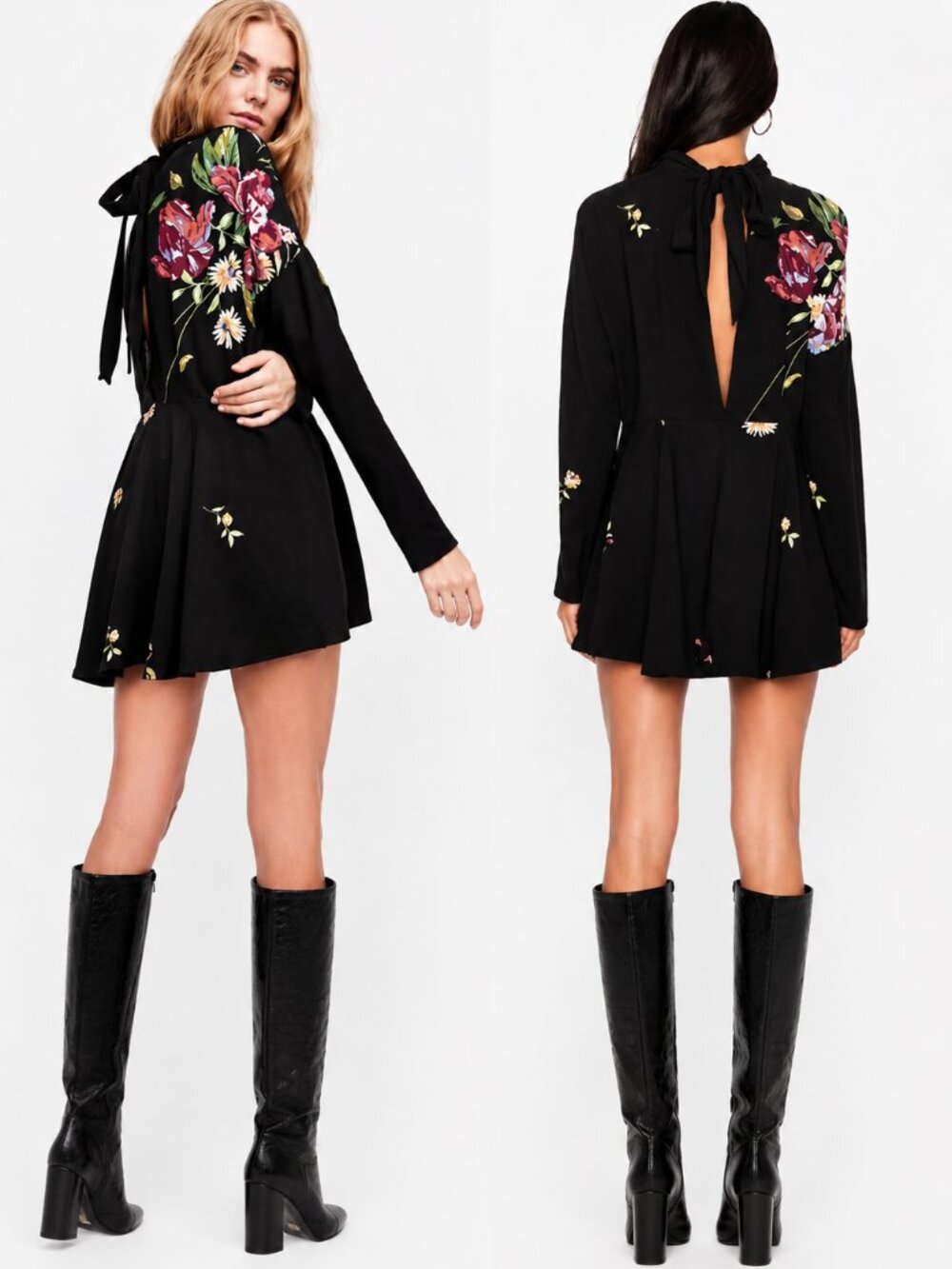 Free People Gemma Printed Tunic Mini Dress Size L Black Floral Open Back Boho